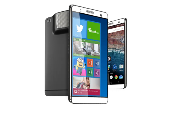 Akyumen Holofone Phablet displaying Windows 10 interface, with built-in projector projecting image onto a surface.
