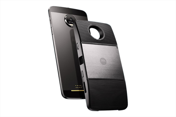 Motorola Moto Z smartphone with Moto Insta-Share Projector Mod attached, projecting content onto a wall.