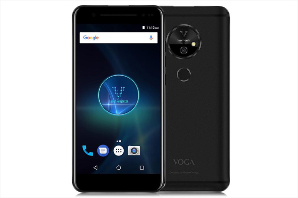 Voga V smartphone with built-in MEMS laser projector projecting content onto a wall.