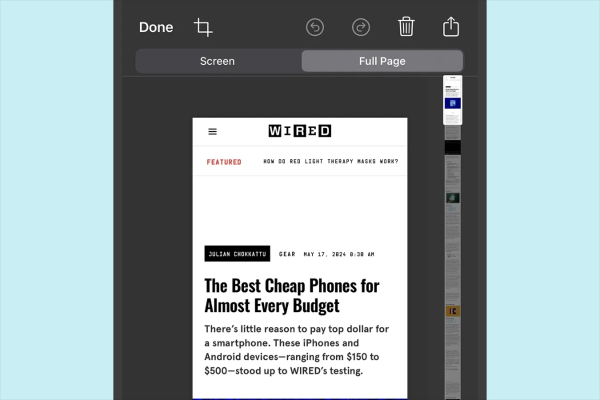 A scrolling screenshot captures an entire webpage, email, or document vertically, stitching it into a single PDF file for easy sharing.