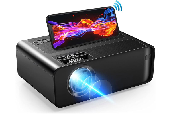 iPhone connected to a portable mini projector via Lightning-to-HDMI adapter, projecting content onto a wall.