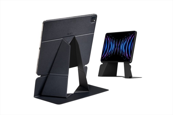 Foldable magnetic stand that lifts iPad for work or video use.