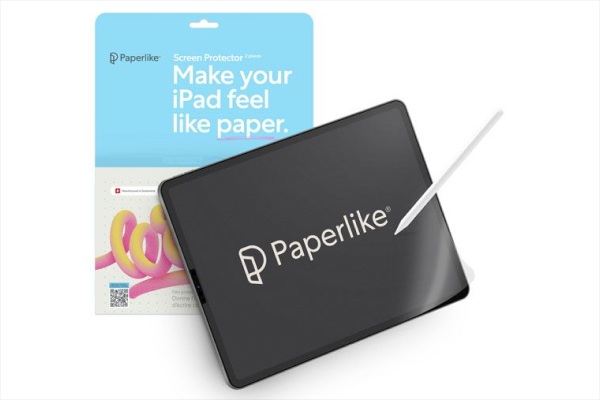 Matte screen protector giving iPad a paper-like feel for stylus use.