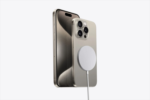 iPhone 15 Pro Max with MagSafe wireless charging and triple camera system.