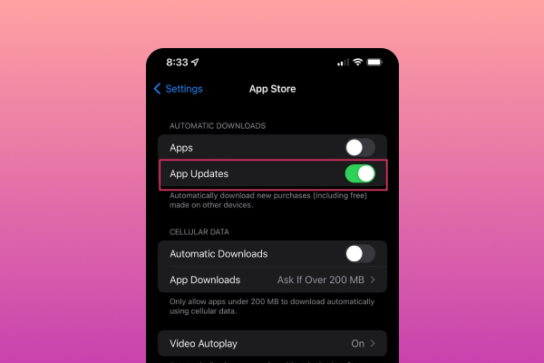 App Store settings with auto-updates toggled off. Suggests stopping background updates to prevent lag.