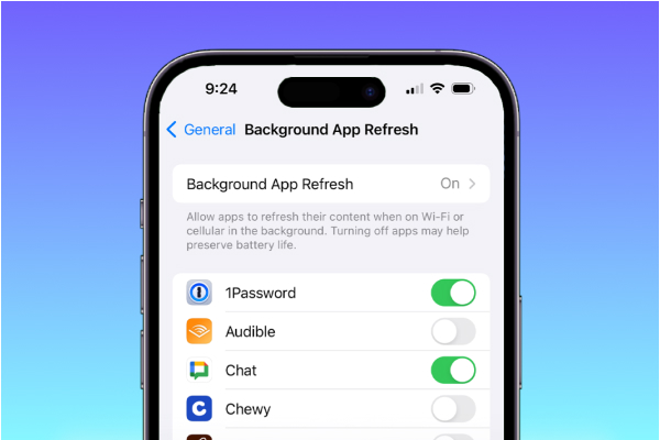 Settings screen with Background App Refresh toggle turned off. Suggests stopping apps from updating in the background to save resources.