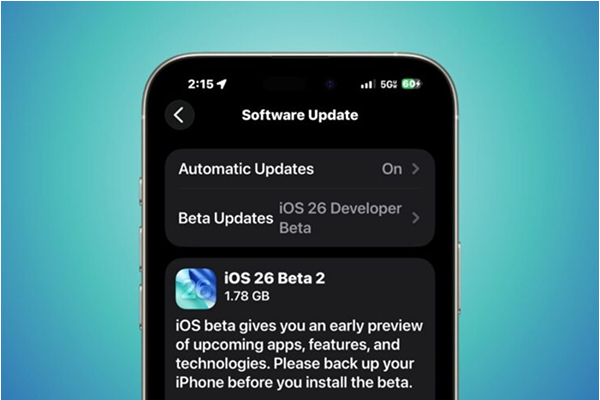 iPhone screen showing a software update progress bar. Symbolizes updating to the latest iOS 26 beta for bug fixes and stability improvements.