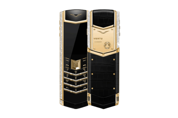 Premium Vertu phone with gold frame, diamonds, and alligator leather finish.