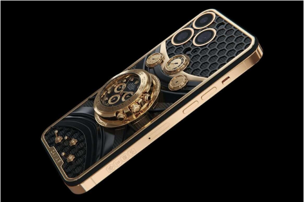 Gold iPhone 14 Pro with 107 diamonds and intricate design.