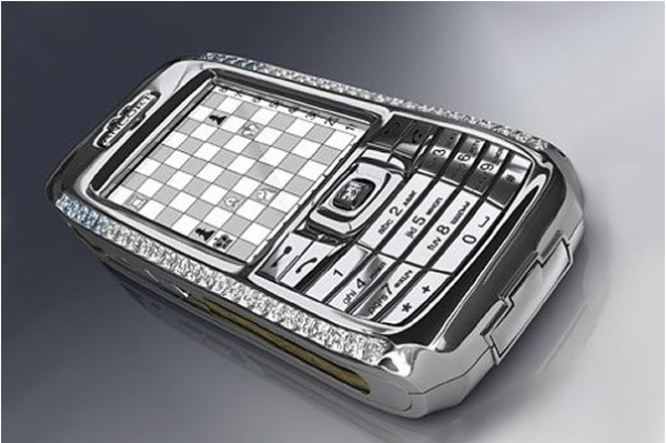 Platinum smartphone decorated with rare blue and white diamonds.