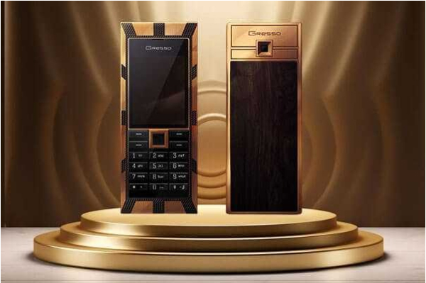 Handcrafted phone with gold, black diamonds, and rare African wood.