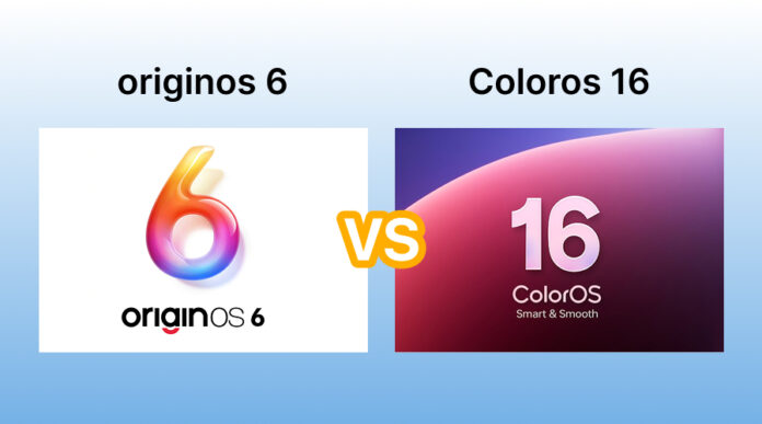 OriginOS 6 vs ColorOS 16 side-by-side comparison showing design and interface differences between Vivo and OPPO Android 16 skins.