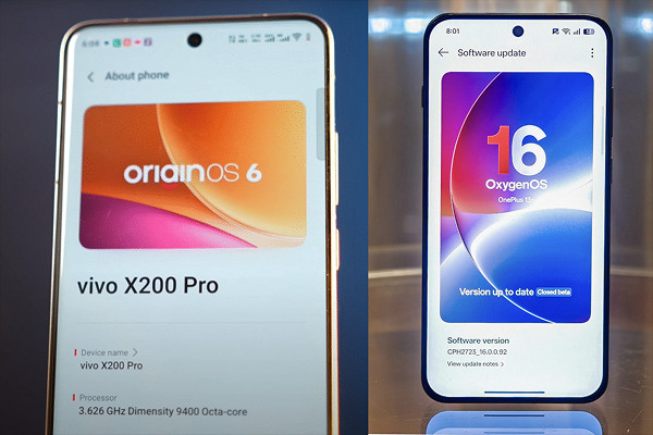 Visual comparison of OriginOS 6 and ColorOS 16 user interfaces, icons, and customization options.