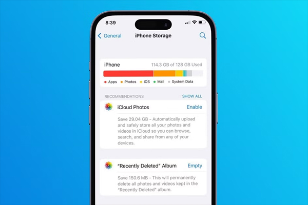 Phone settings showing storage full notification with apps and data.