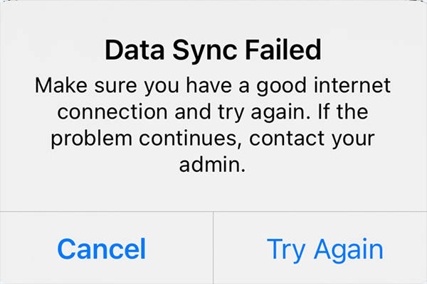 Phone showing sync error message due to internet or software issues.