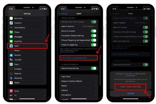 Clear Safari cache – Clearing browsing history and website data.