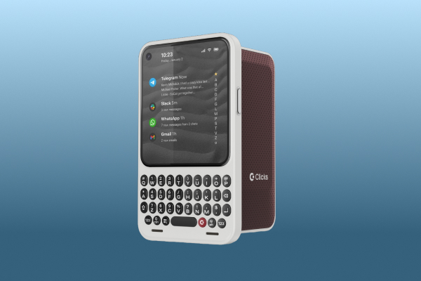 Clicks Communicator – A modern BlackBerry-style smartphone with a physical QWERTY keyboard, large touchscreen, and Android interface.