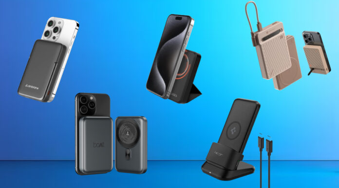 Collage of MagSafe power banks for iPhone, showing wireless and wired portable chargers on a blue background.