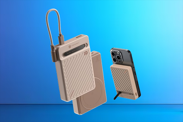 Portronics MagSafe-style power bank shown with an integrated cable and an iPhone charging on a foldable stand.