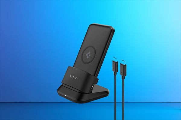 Black wireless charging stand with two matching cables, shown on a blue gradient background.