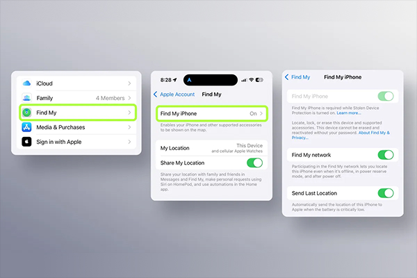 iPhone settings screens showing Find My options enabled, including Find My iPhone, Find My network, and Send Last Location.