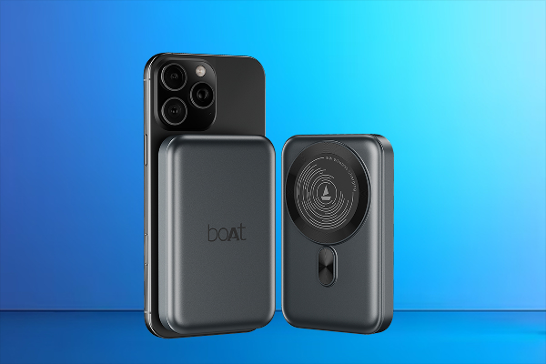 boAt MagSafe power bank shown attached to an iPhone with a magnetic wireless charging design.