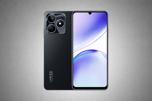 Realme Narzo N53 smartphone with slim design and dual camera setup.