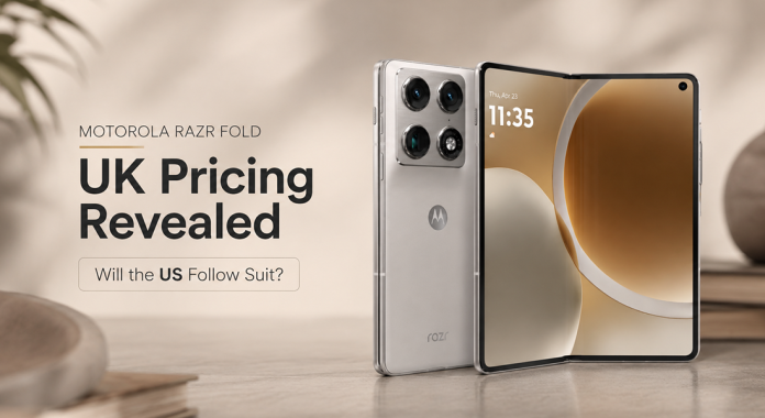 Advertising banner featuring Motorola Razr Fold with the headline 'UK Pricing Revealed' and the subtitle 'Will the US Follow Suit?'