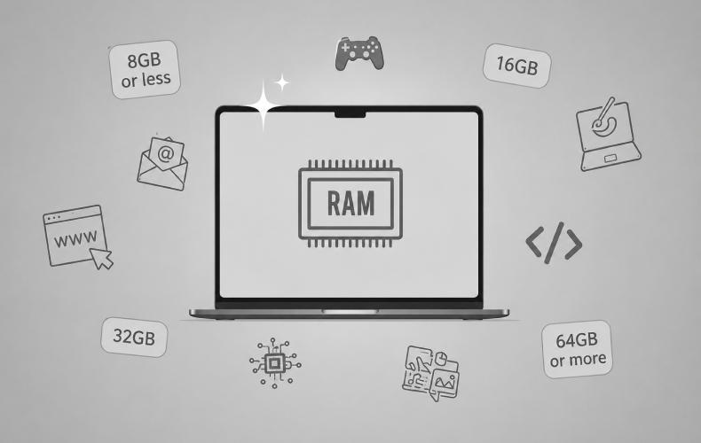 How Much RAM Do You Actually Need_ - TechSpecs Info Laptop with a RAM chip on screen surrounded by memory-capacity icons (8GB, 16GB, 32GB, 64GB+). Represents RAM options for a computer.