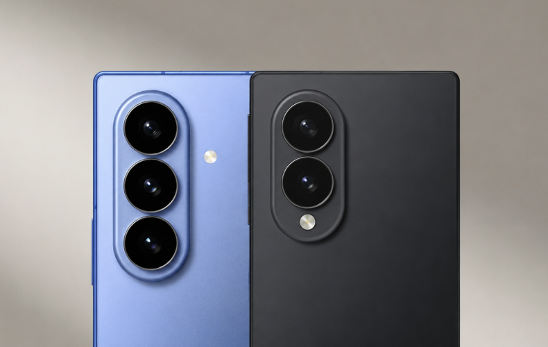 Better Camera Experience - TechSpecs Info Two smartphones shown from the back, one blue and one black, with prominent vertical triple-camera modules and a flash between them.