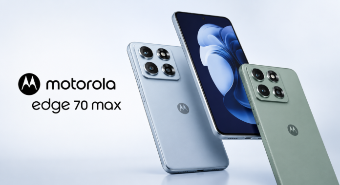 Motorola Edge 70 Max smartphones in blue and green finishes displayed to showcase the triple-camera setup and front screen, with the Motorola logo and model name on the left.