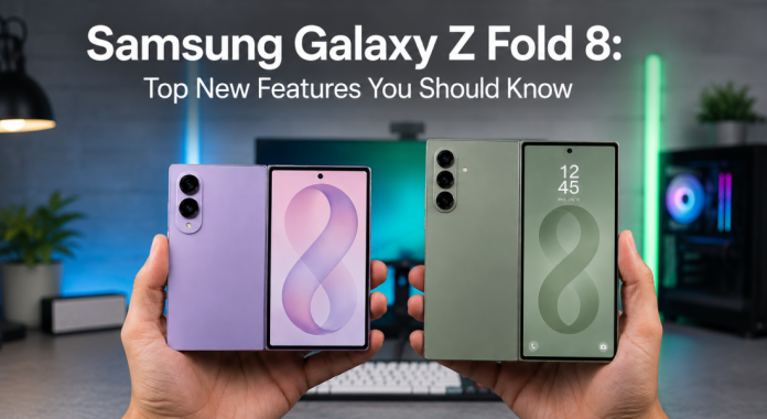 Two hands hold Samsung Galaxy Z Fold 8 foldable phones—purple on the left, green on the right, with the headline above: 'Samsung Galaxy Z Fold 8: Top New Features You Should Know.'