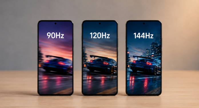 Three smartphones on a desk show different refresh rates: 90Hz, 120Hz, and 144Hz with a racing car wallpaper to illustrate smoother motion.