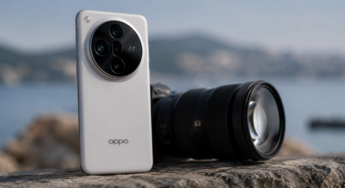 White Oppo smartphone with a circular multi‑lens camera on a rocky pier, water in background.