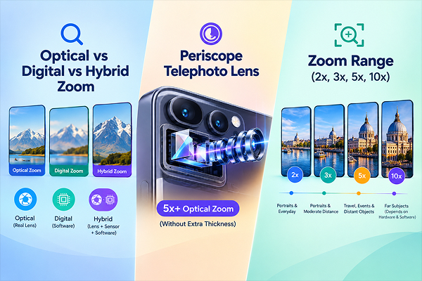 The Zoom Camera ÔÇö What to Look For - TechSpecs Info Smartphone telephoto camera capturing a distant subject.