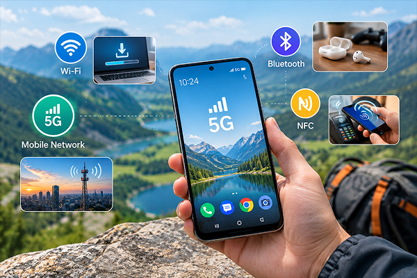 Connectivity Is Part of the Experience - TechSpecs Info Person holding a smartphone displaying 5G with surrounding connectivity icons (Wi‑Fi, Bluetooth, NFC, mobile network) in a mountainous outdoor setting.