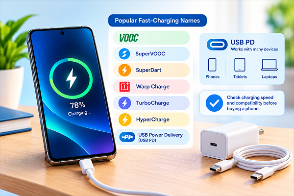 Smartphone fast charging standards including VOOC, SuperVOOC, Warp Charge, and USB Power Delivery