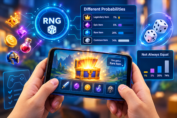 Hands hold a smartphone showing a treasure chest in a fantasy game; a glowing RNG hub with item rarity odds panels, dice, coins, and floating charts around the screen.