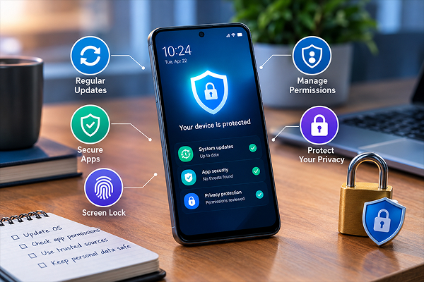 Security and Software Updates Should Be Non-Negotiable - TechSpecs Info Phone screen shows security features with icons for Regular Updates, Manage Permissions, Secure Apps, Protect Your Privacy, and Screen Lock on a desk with a padlock motif.