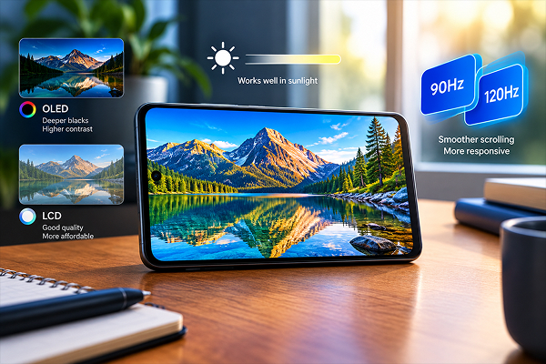 Start With the Display, Not the Marketing Number - TechSpecs Info Phone on a desk showing a mountain wallpaper; highlights OLED vs LCD and 90Hz/120Hz refresh rates for smooth scrolling.