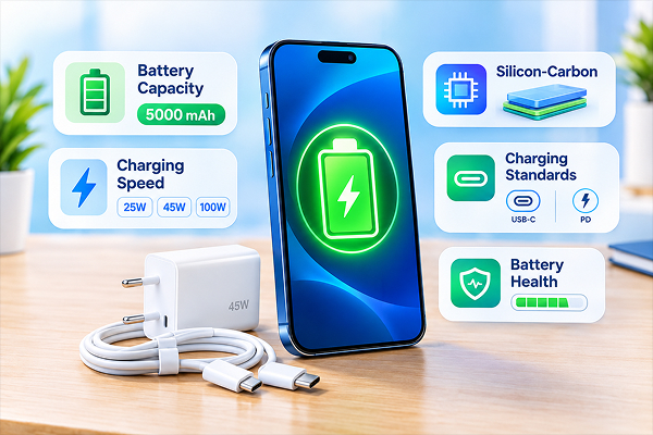 Key smartphone battery specifications including capacity, charging speed, and battery technology
