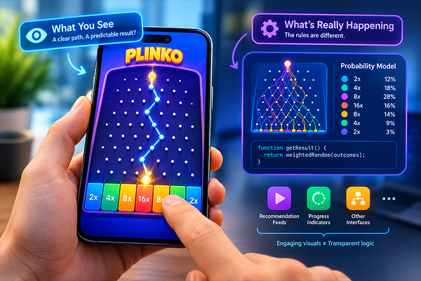 Hand holding a phone displaying a Plinko game with glowing path and colorful chips, surrounded by infographic UI panels labeled What You See and What’s Really Happening.