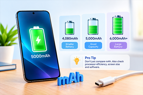 Illustration explaining milliampere-hour (mAh) as a measure of smartphone battery charge capacity